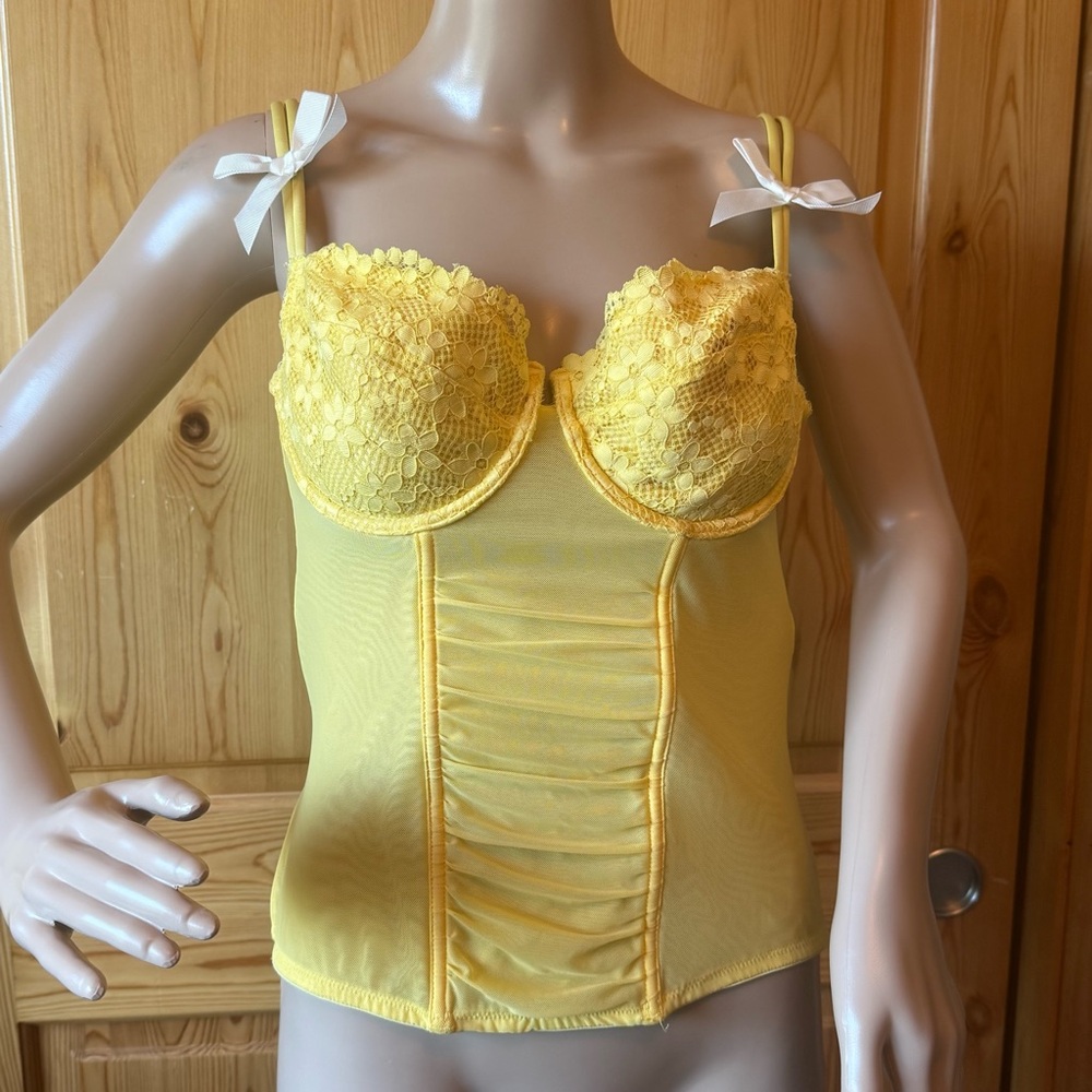 Lane Bryant Cacique Yellow Lace Bustier Corset 14 16 Bra Top Bows Coquette